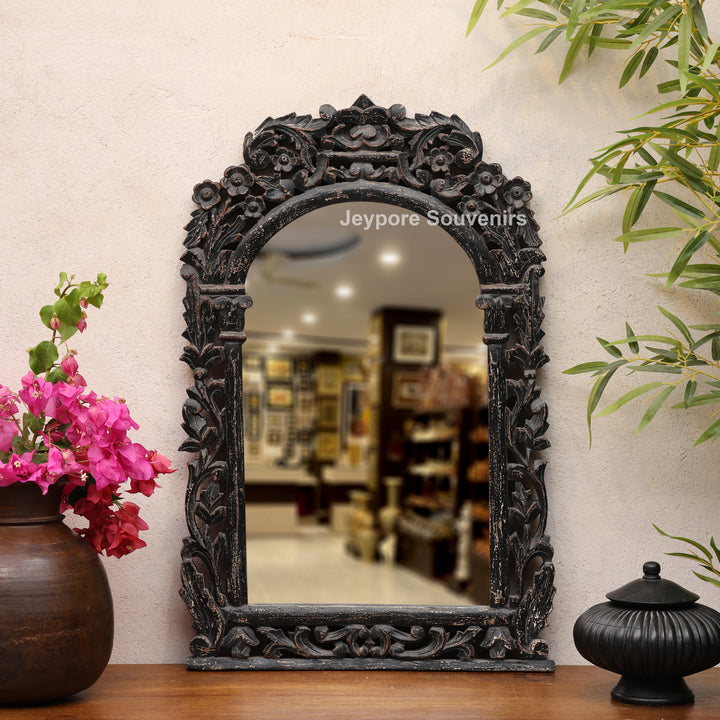 Hand-Carved Wooden Vanity Wall Mirror with Distressed Rustic Finish