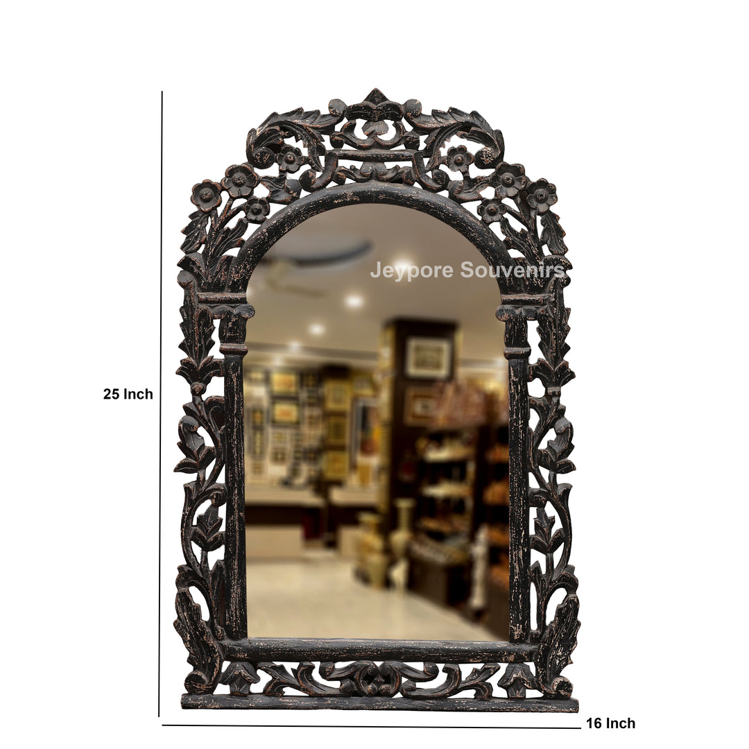 Hand-Carved Wooden Vanity Wall Mirror with Distressed Rustic Finish
