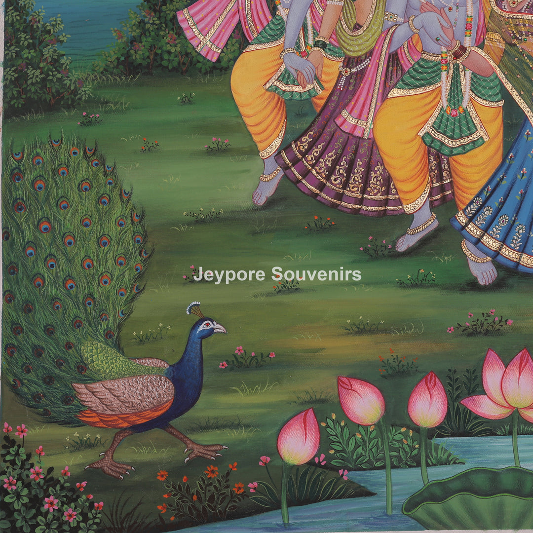 Hand-Painted Radha Krishna Playing Flute Dance Canvas Painting