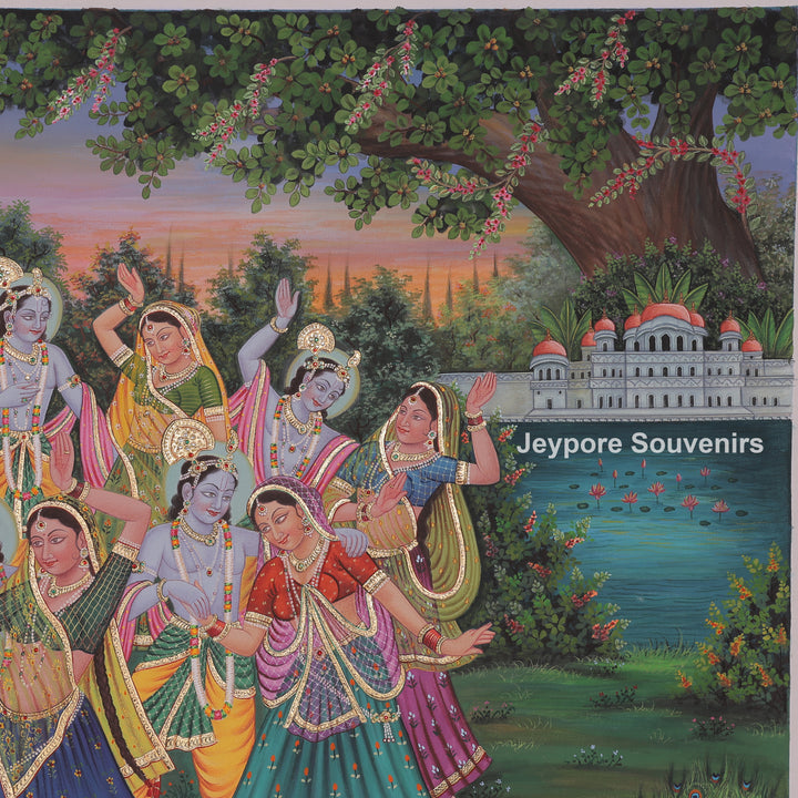Hand-Painted Radha Krishna Playing Flute Dance Canvas Painting