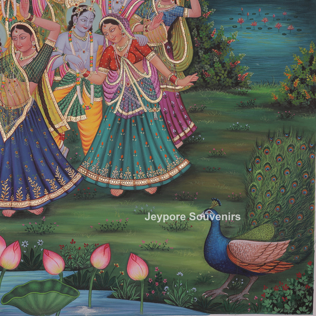 Hand-Painted Radha Krishna Playing Flute Dance Canvas Painting