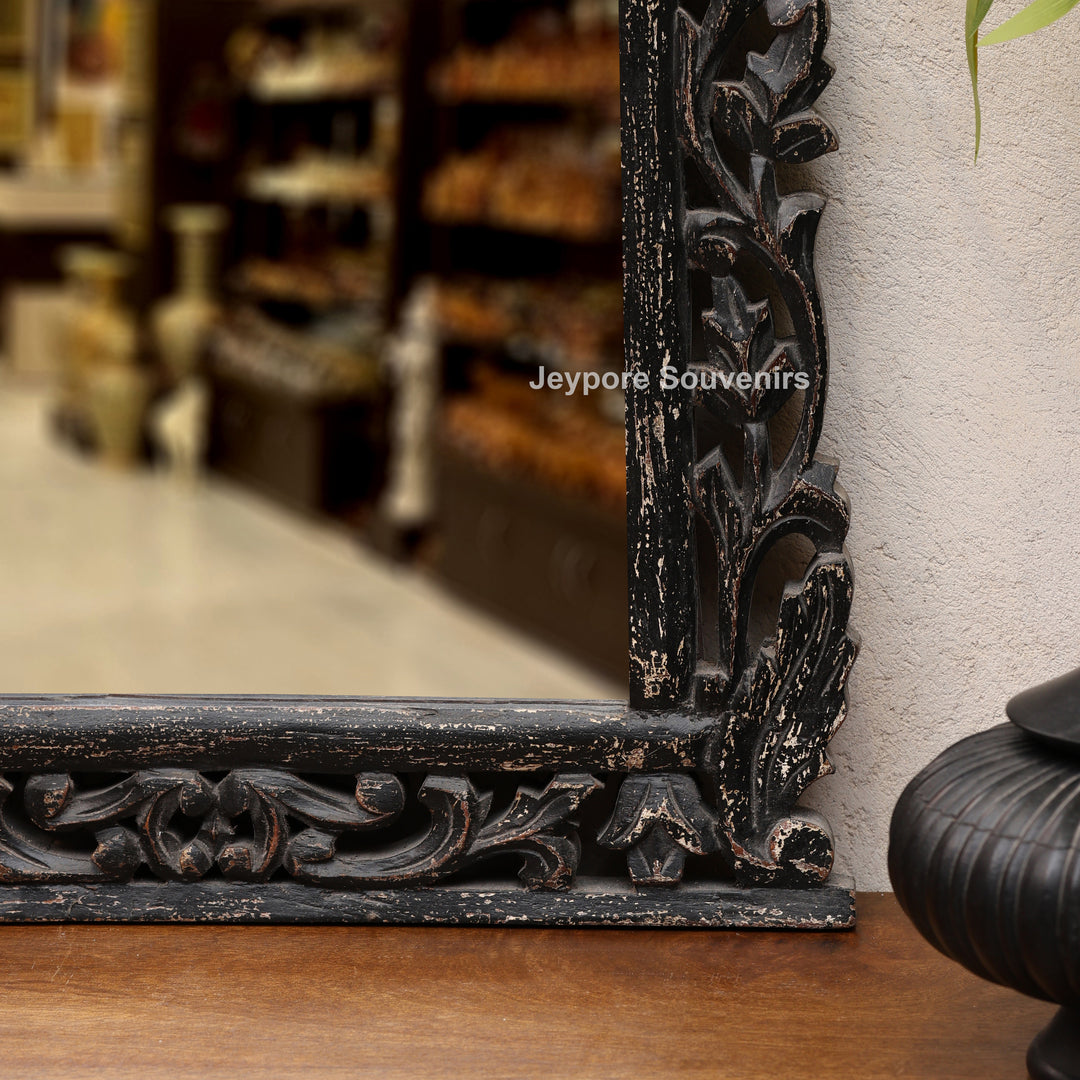 Hand-Carved Wooden Vanity Wall Mirror with Distressed Rustic Finish