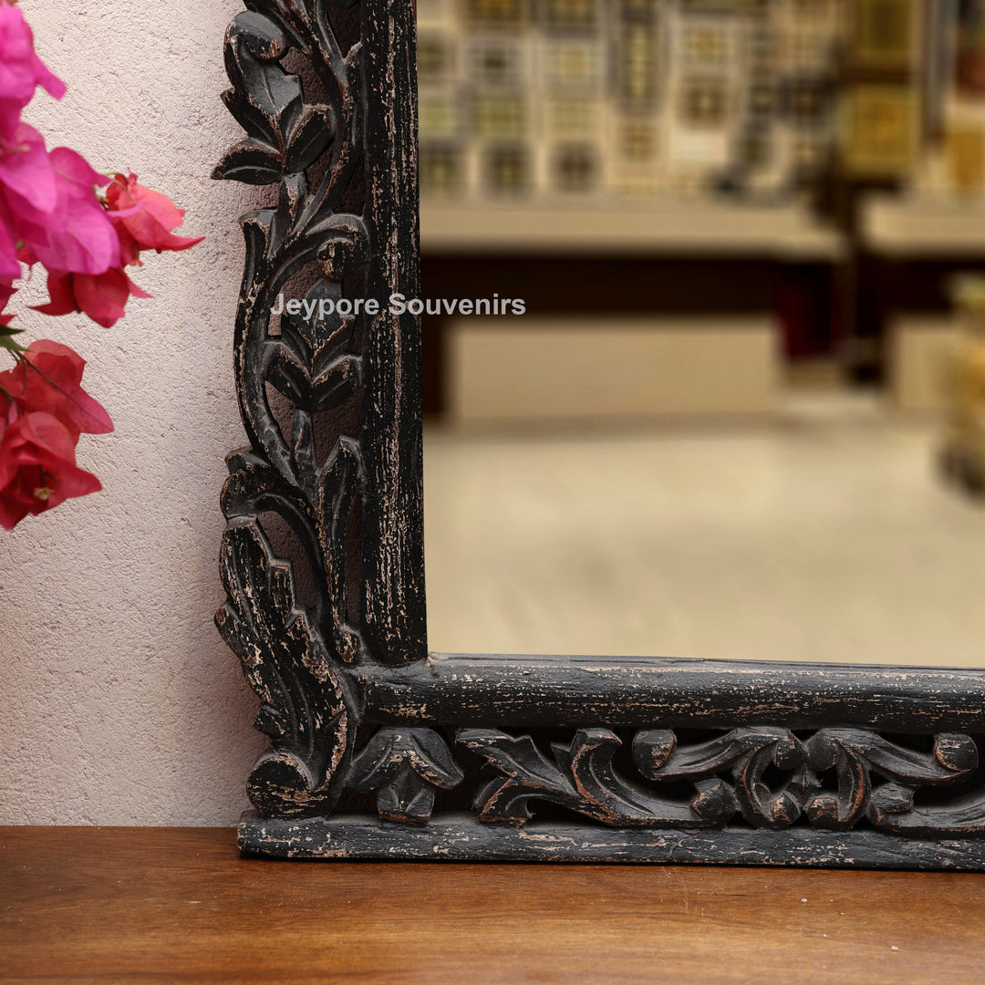 Hand-Carved Wooden Vanity Wall Mirror with Distressed Rustic Finish