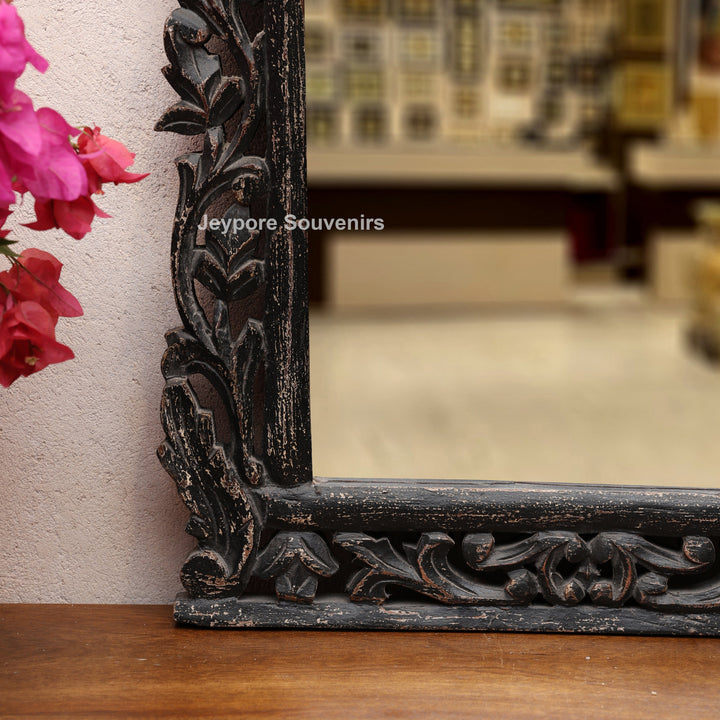 Hand-Carved Wooden Vanity Wall Mirror with Distressed Rustic Finish