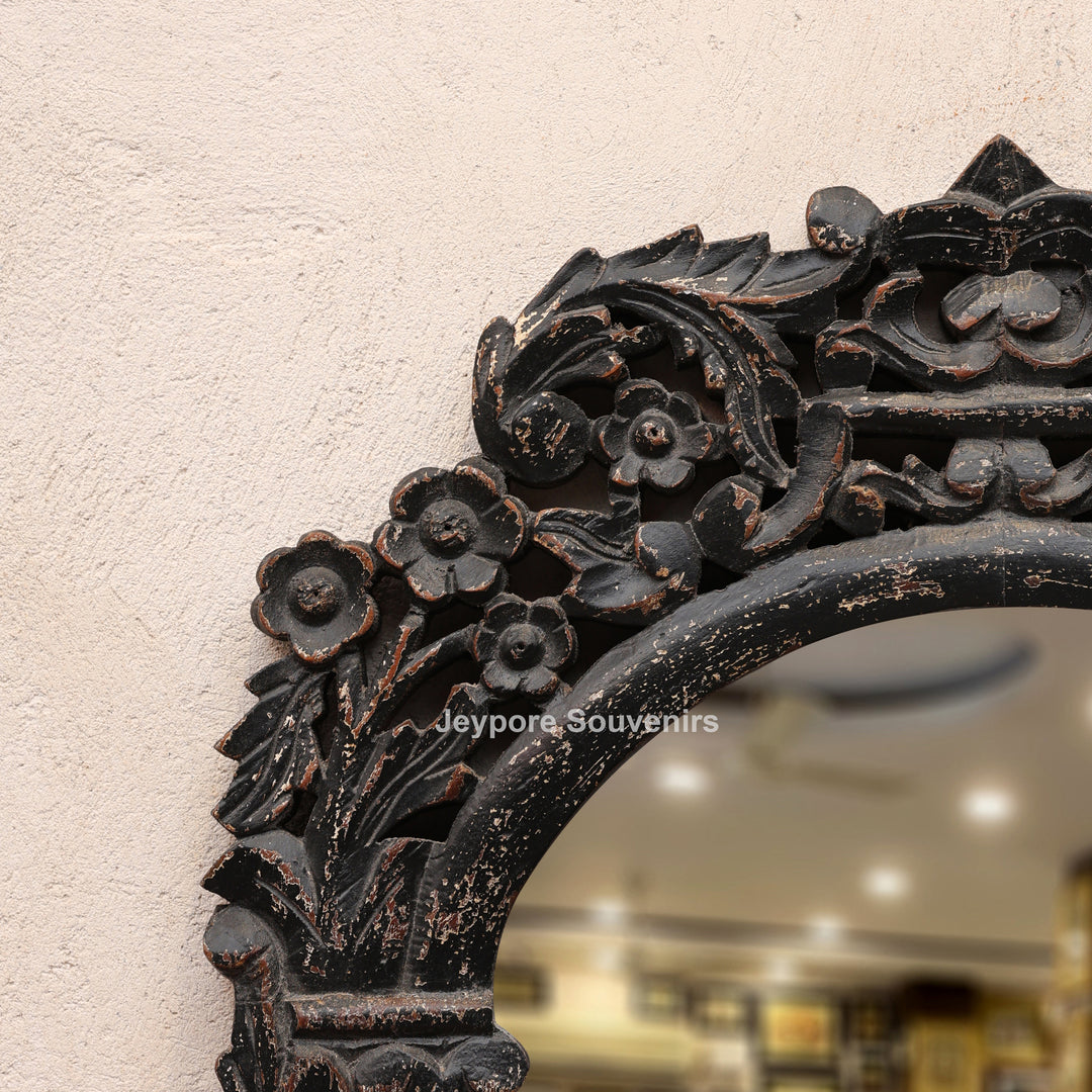 Hand-Carved Wooden Vanity Wall Mirror with Distressed Rustic Finish