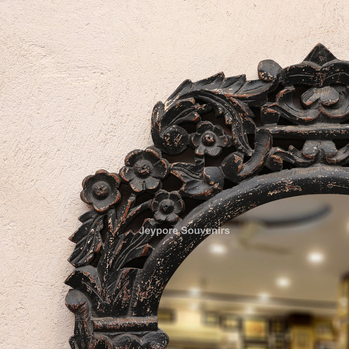 Hand-Carved Wooden Vanity Wall Mirror with Distressed Rustic Finish