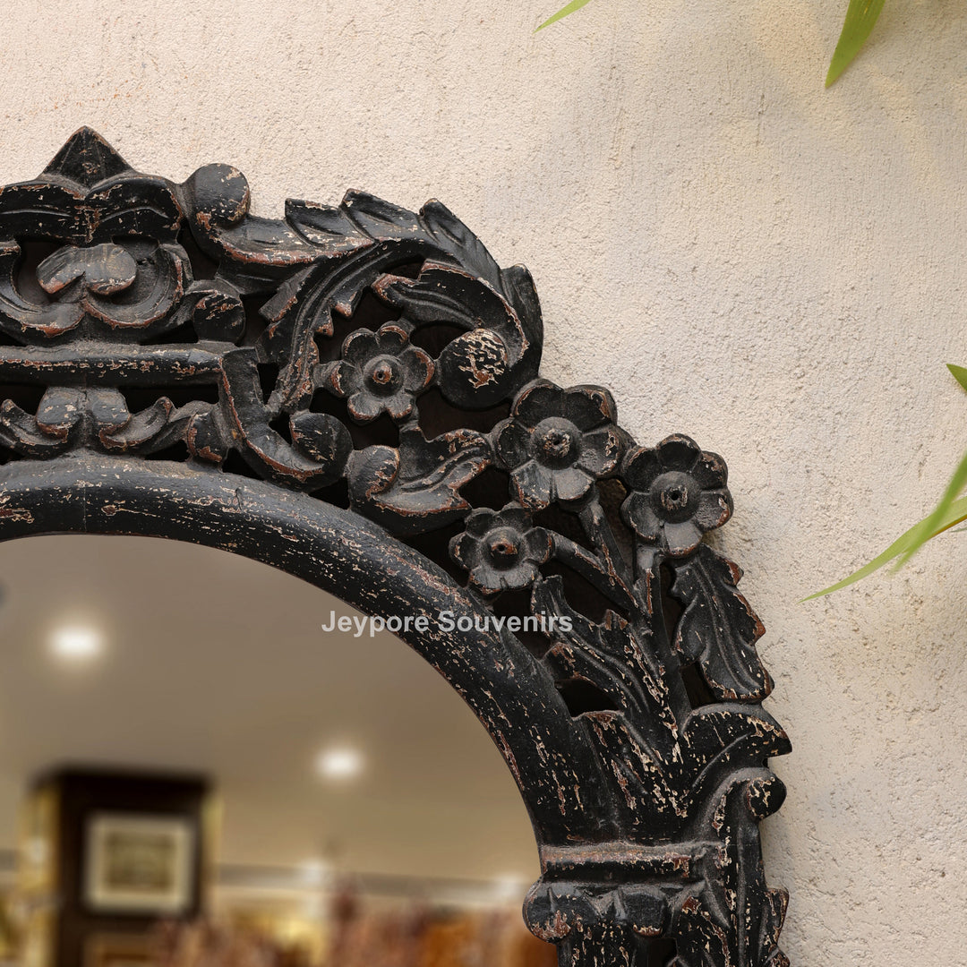 Hand-Carved Wooden Vanity Wall Mirror with Distressed Rustic Finish