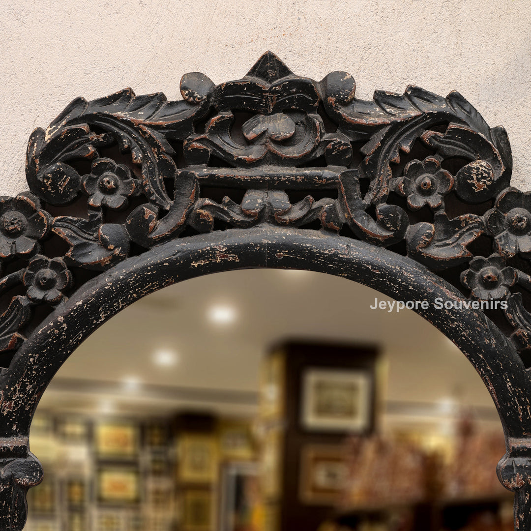 Hand-Carved Wooden Vanity Wall Mirror with Distressed Rustic Finish