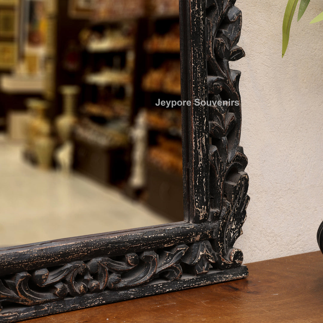 Hand-Carved Wooden Vanity Wall Mirror with Distressed Rustic Finish