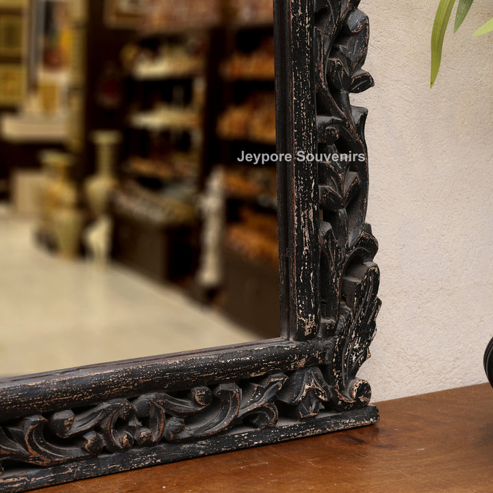 Hand-Carved Wooden Vanity Wall Mirror with Distressed Rustic Finish