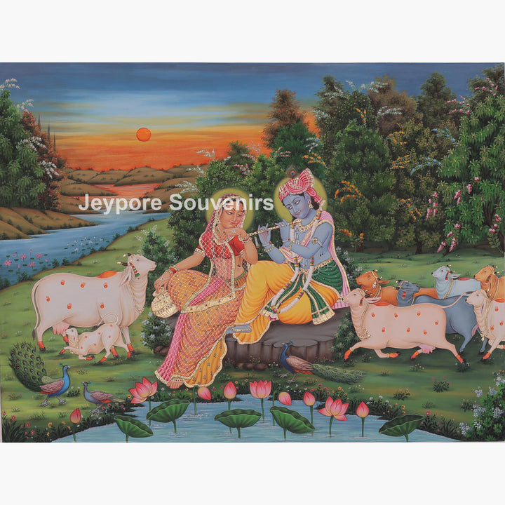 Radha Krishna Flute Canvas Painting with Cows