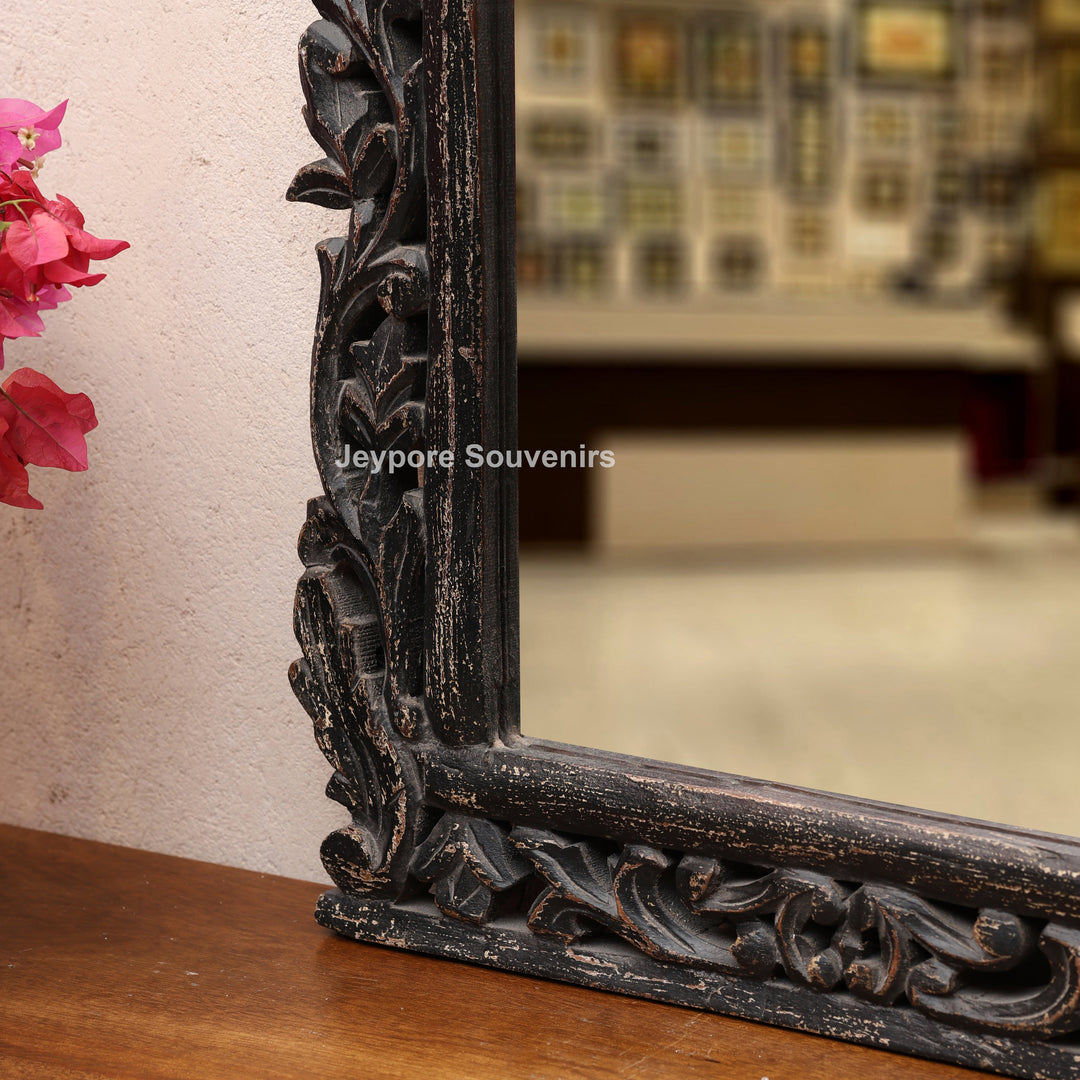 Hand-Carved Wooden Vanity Wall Mirror with Distressed Rustic Finish