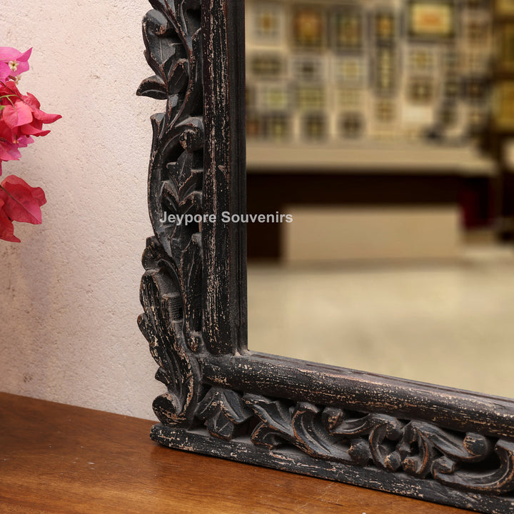 Hand-Carved Wooden Vanity Wall Mirror with Distressed Rustic Finish