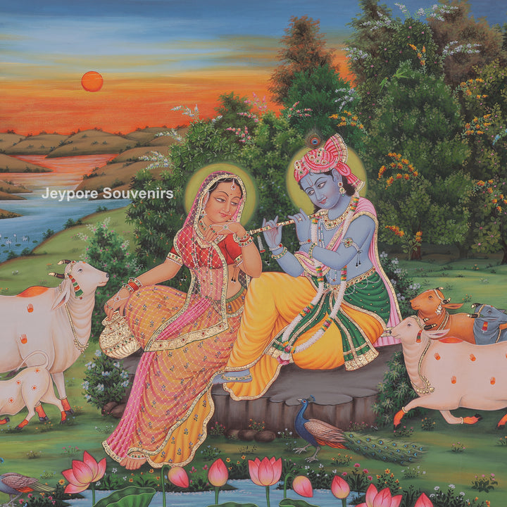 Radha Krishna Flute Canvas Painting with Cows