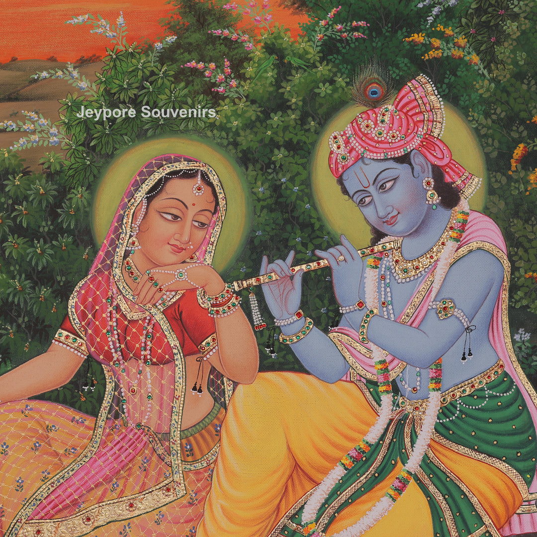 Radha Krishna Flute Canvas Painting with Cows