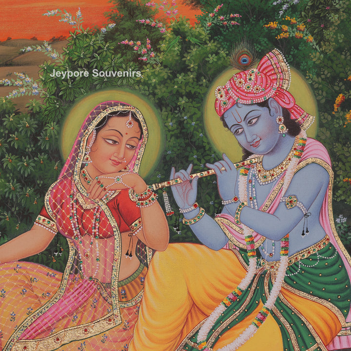 Radha Krishna Flute Canvas Painting with Cows
