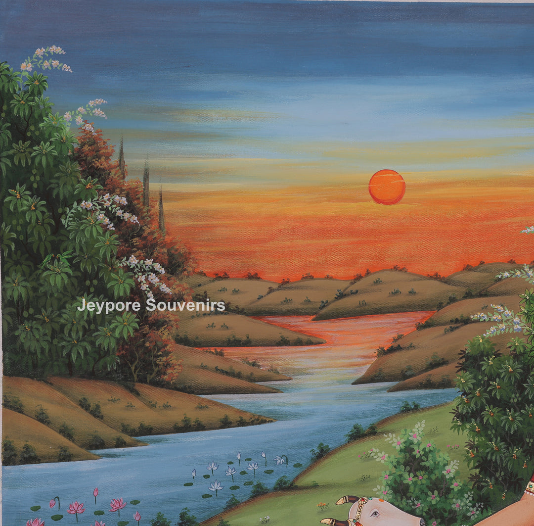 Radha Krishna Flute Canvas Painting with Cows