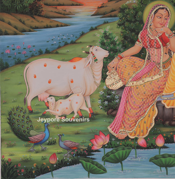 Radha Krishna Flute Canvas Painting with Cows