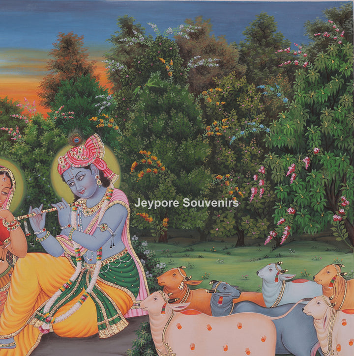Radha Krishna Flute Canvas Painting with Cows