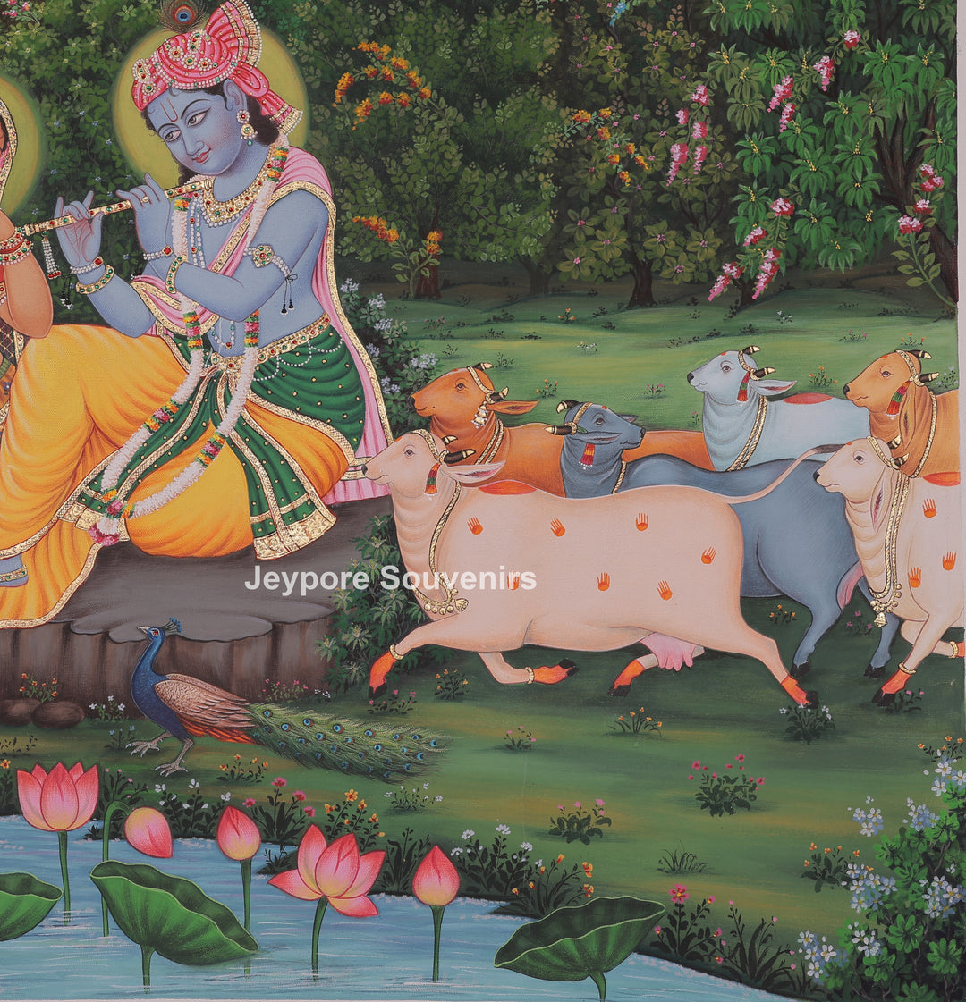 Radha Krishna Flute Canvas Painting with Cows