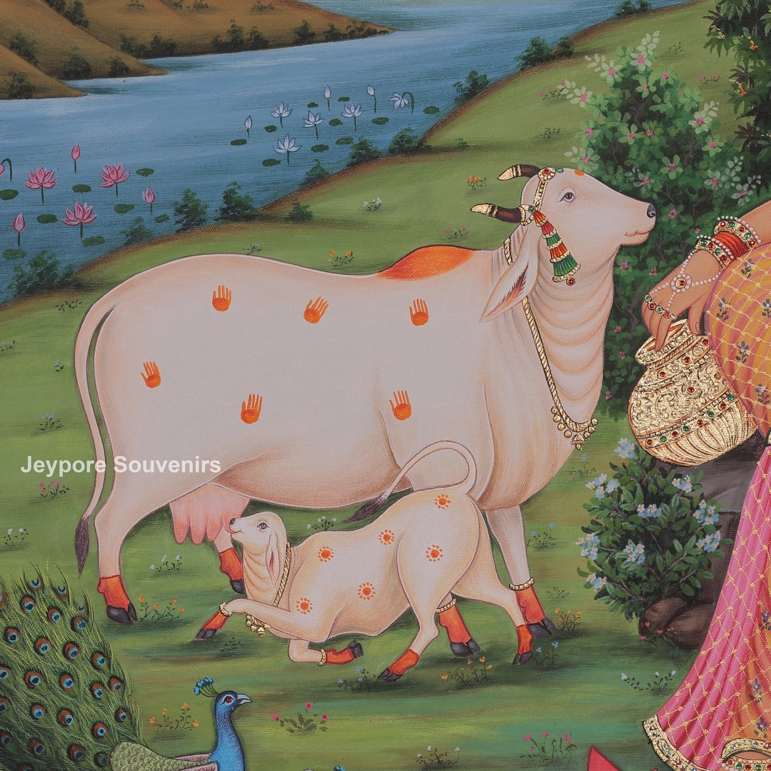 Radha Krishna Flute Canvas Painting with Cows