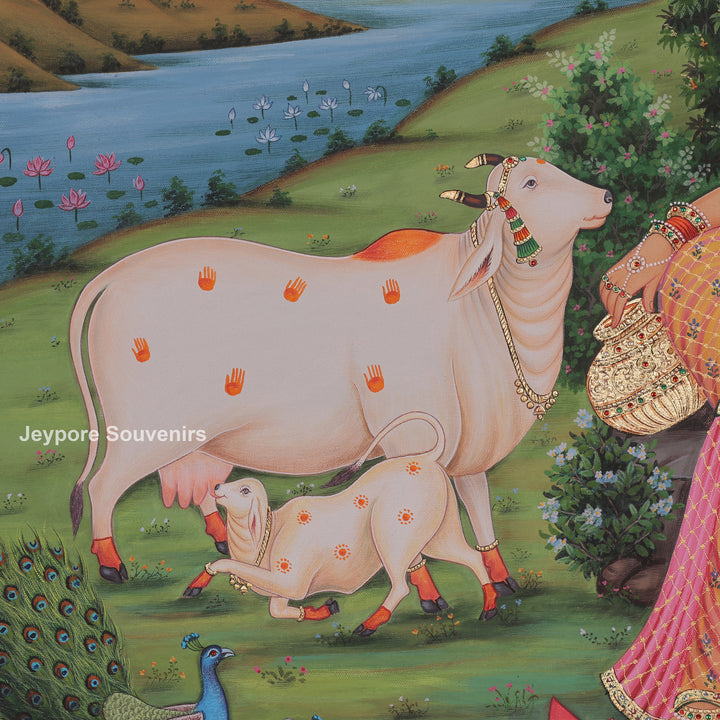 Radha Krishna Flute Canvas Painting with Cows