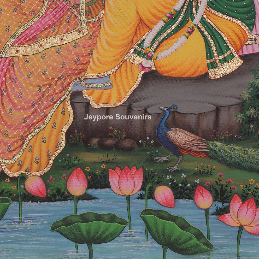 Radha Krishna Flute Canvas Painting with Cows