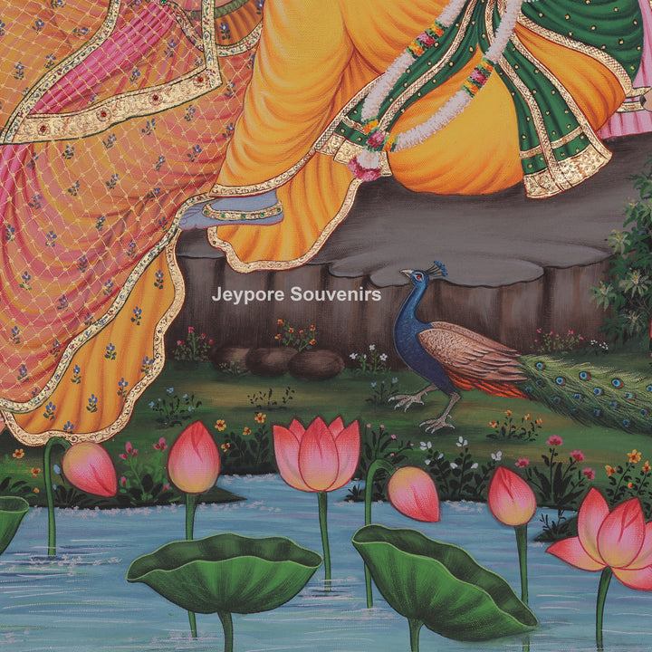 Radha Krishna Flute Canvas Painting with Cows