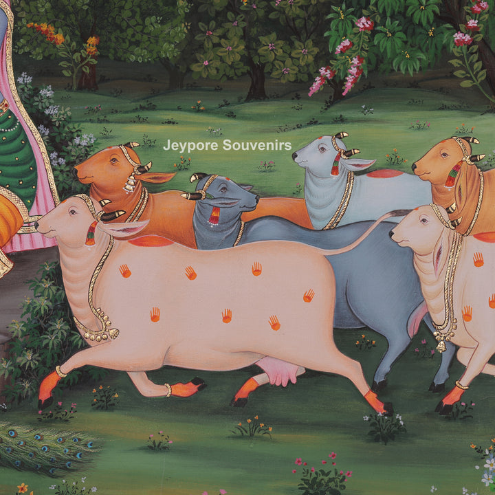 Radha Krishna Flute Canvas Painting with Cows