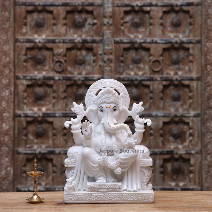 15" Handcrafted Pure White Marble Lord Ganesha Statue
