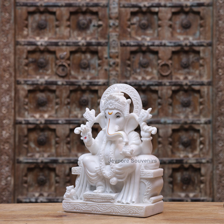 15" Handcrafted Pure White Marble Lord Ganesha Statue