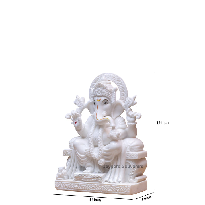 15" Handcrafted Pure White Marble Lord Ganesha Statue
