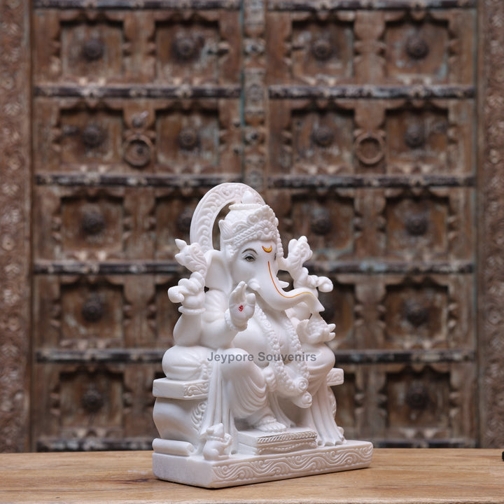 15" Handcrafted Pure White Marble Lord Ganesha Statue