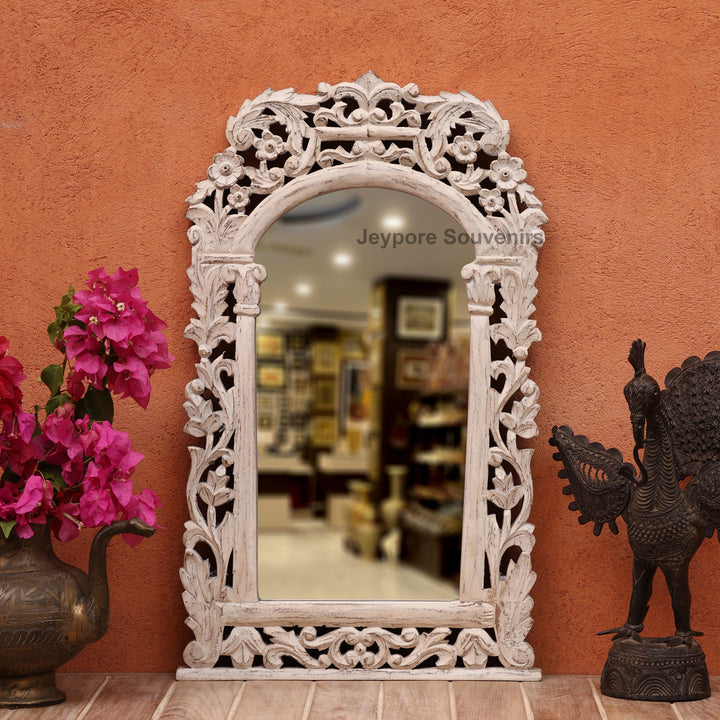 Hand-Carved Vintage Wooden Wall Mirror with Distressed White Finish