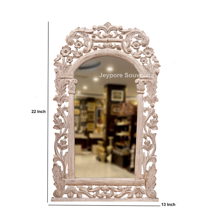 Hand-Carved Vintage Wooden Wall Mirror with Distressed White Finish