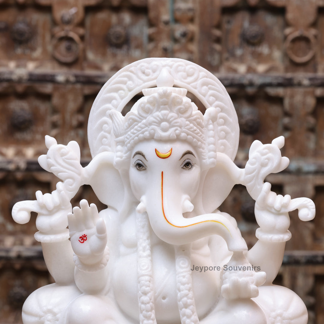 15" Handcrafted Pure White Marble Lord Ganesha Statue