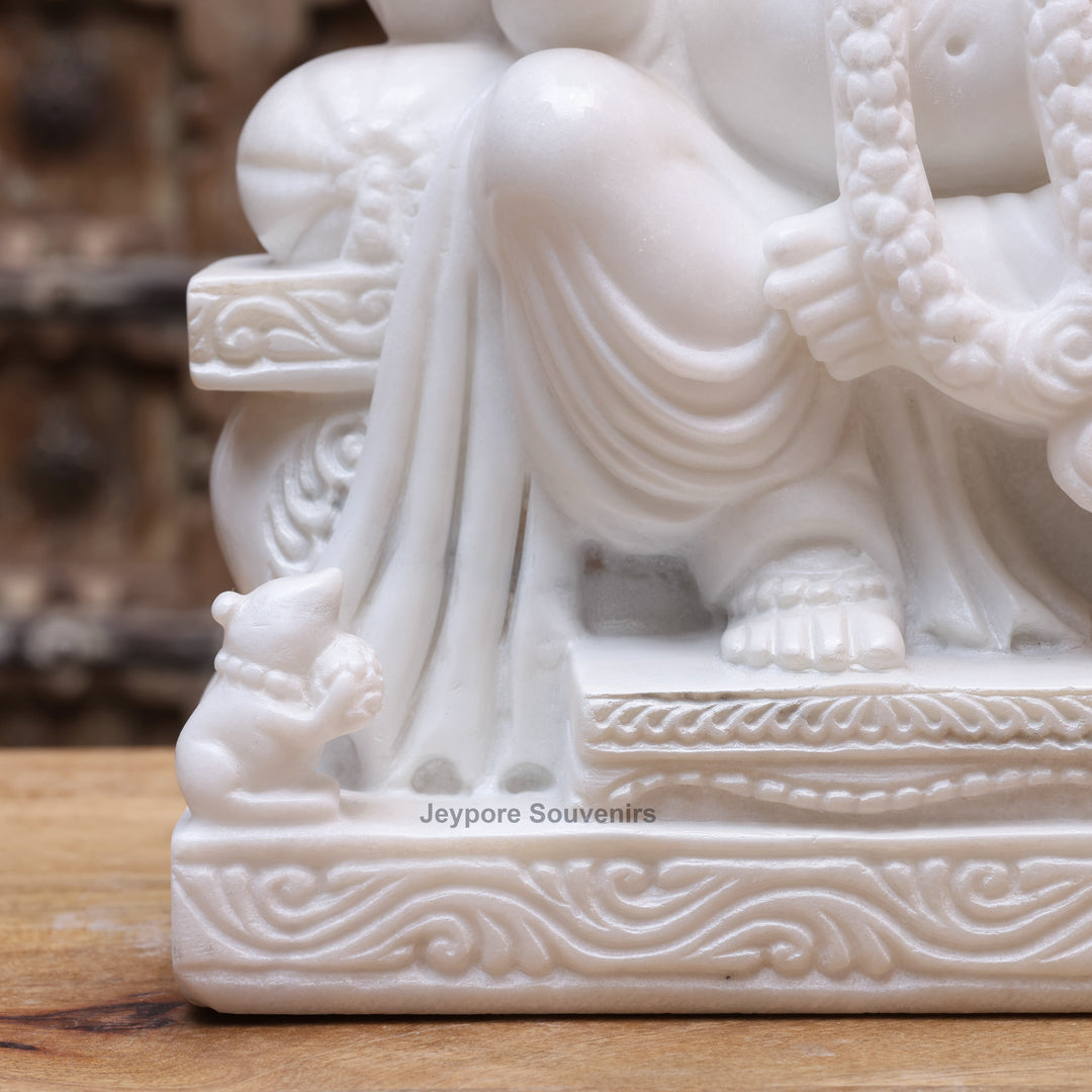 15" Handcrafted Pure White Marble Lord Ganesha Statue