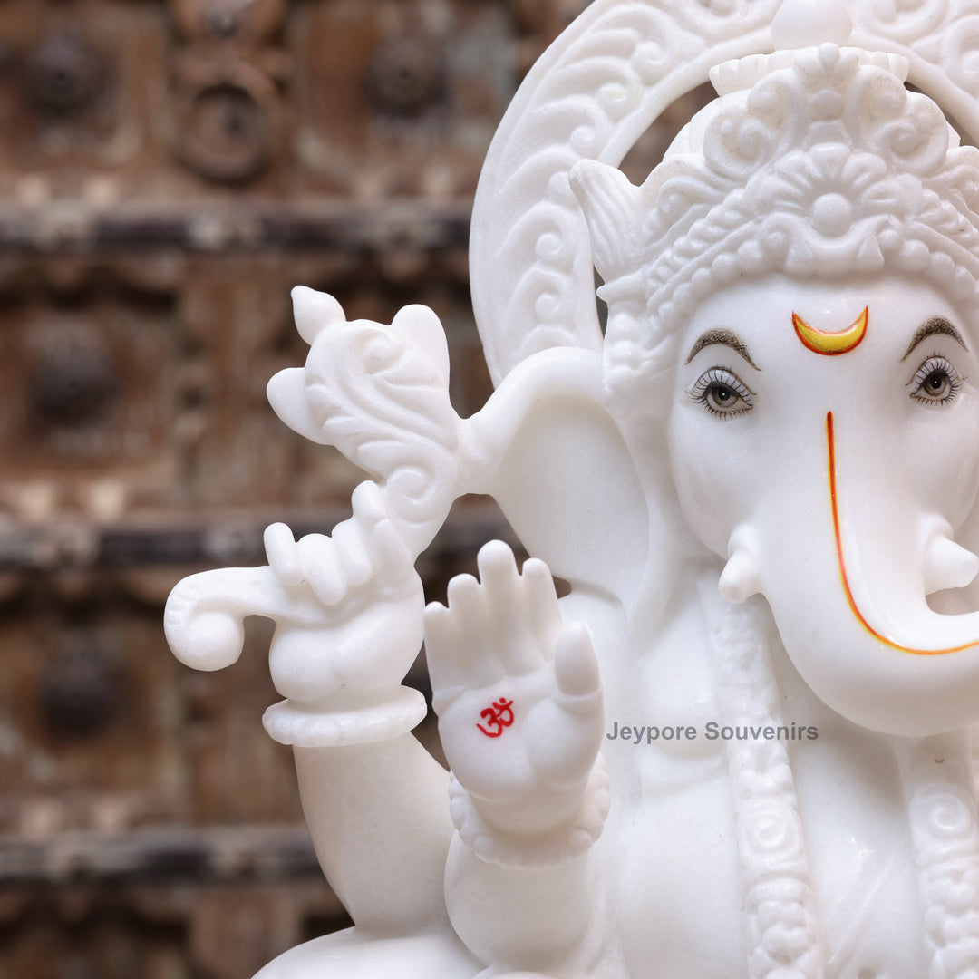 15" Handcrafted Pure White Marble Lord Ganesha Statue