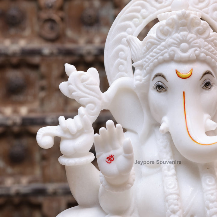 15" Handcrafted Pure White Marble Lord Ganesha Statue