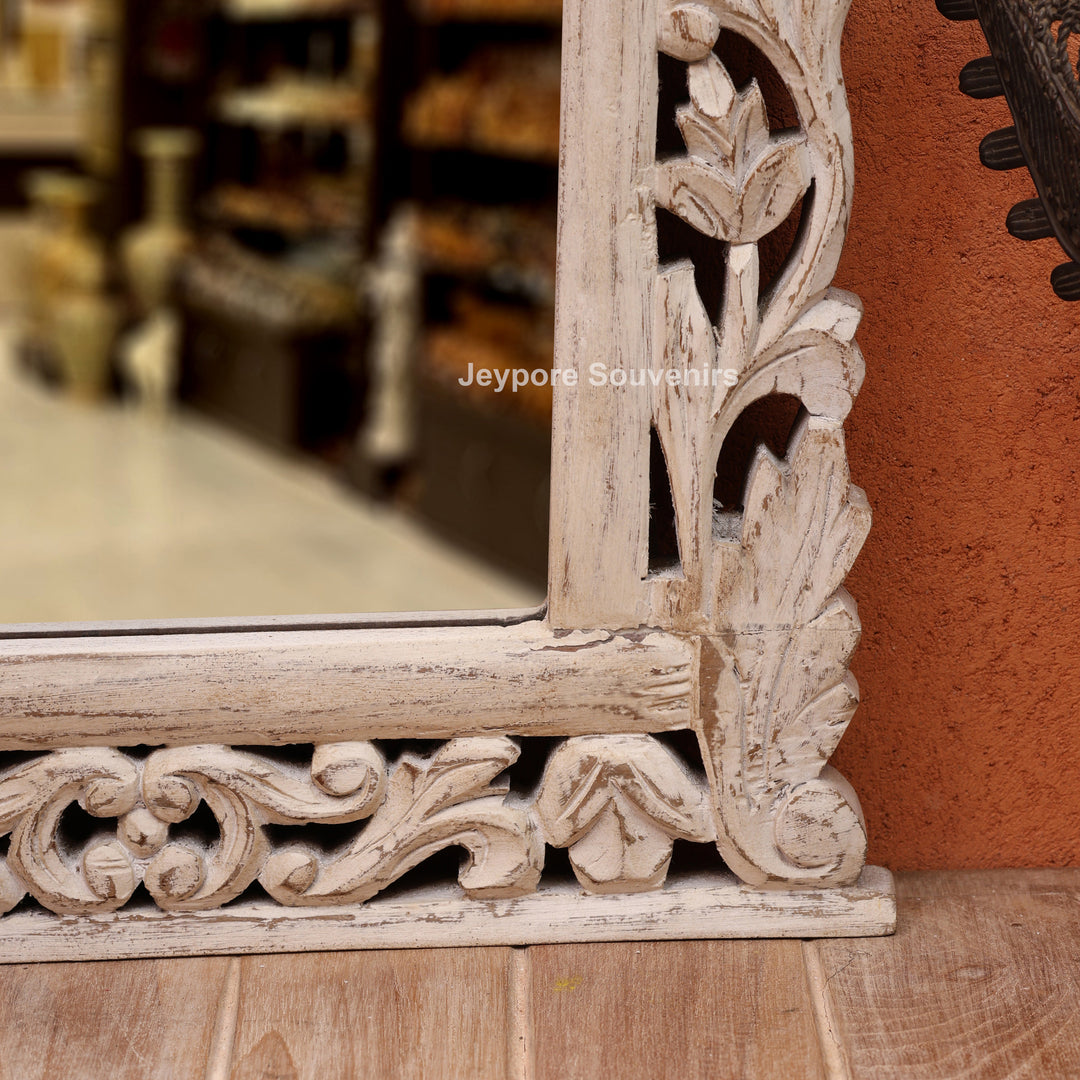 Hand-Carved Vintage Wooden Wall Mirror with Distressed White Finish