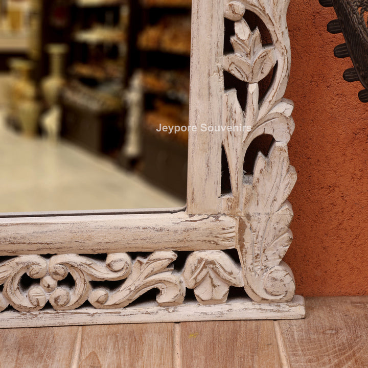 Hand-Carved Vintage Wooden Wall Mirror with Distressed White Finish