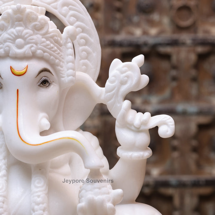 15" Handcrafted Pure White Marble Lord Ganesha Statue