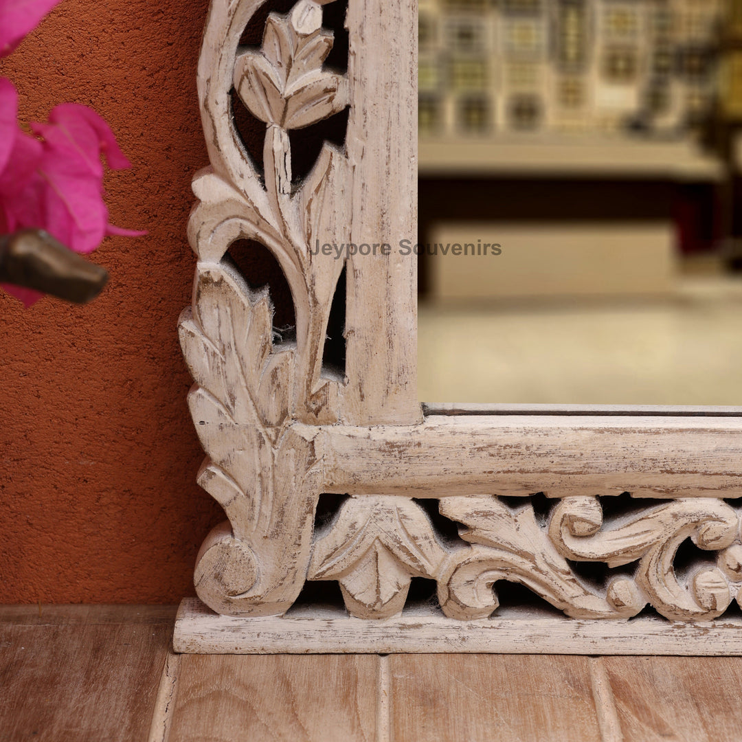 Hand-Carved Vintage Wooden Wall Mirror with Distressed White Finish