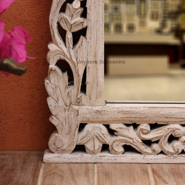 Hand-Carved Vintage Wooden Wall Mirror with Distressed White Finish