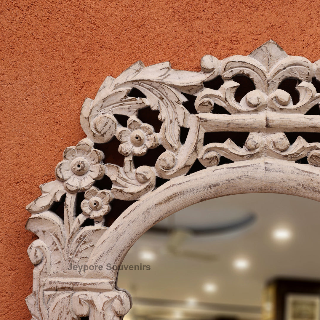 Hand-Carved Vintage Wooden Wall Mirror with Distressed White Finish