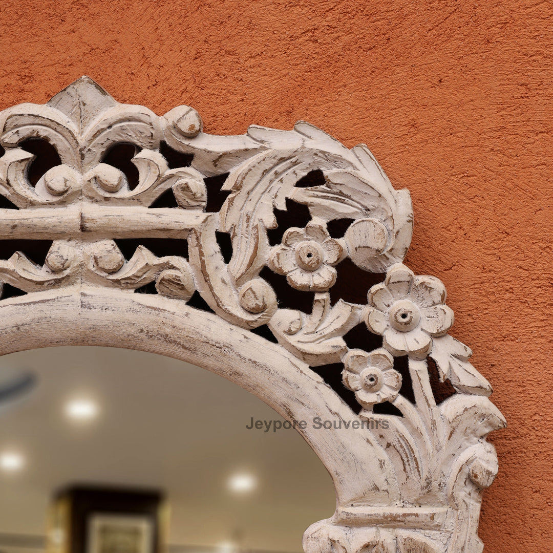 Hand-Carved Vintage Wooden Wall Mirror with Distressed White Finish