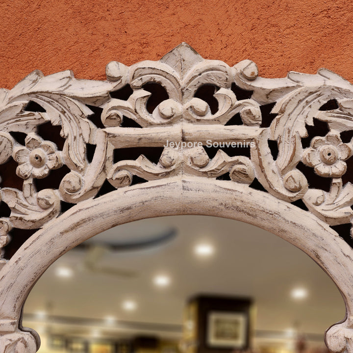 Hand-Carved Vintage Wooden Wall Mirror with Distressed White Finish