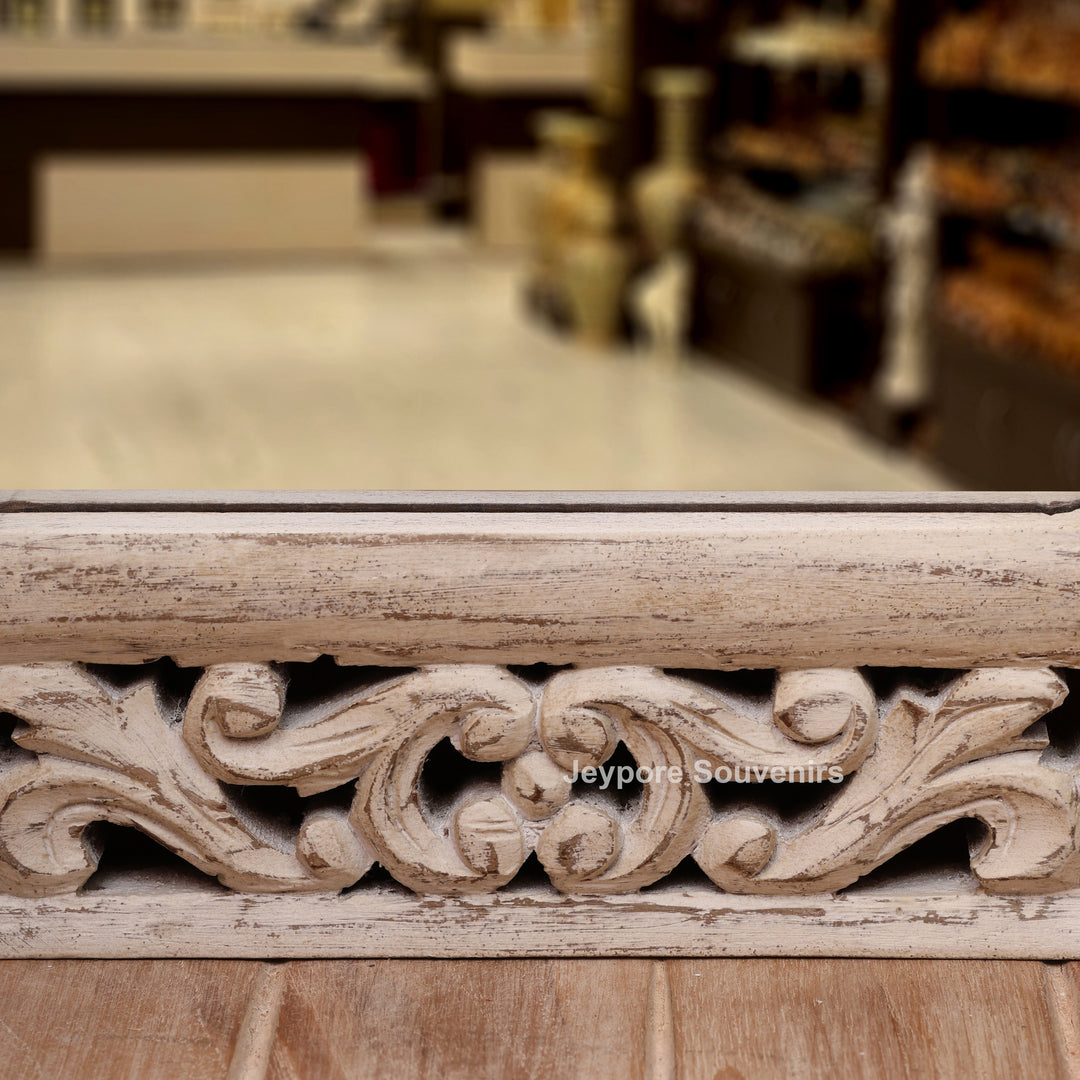 Hand-Carved Vintage Wooden Wall Mirror with Distressed White Finish