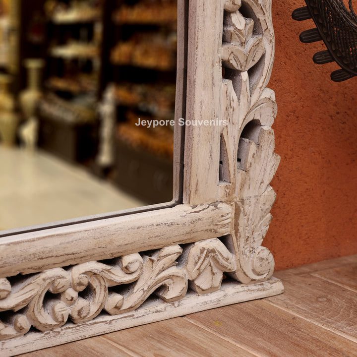 Hand-Carved Vintage Wooden Wall Mirror with Distressed White Finish