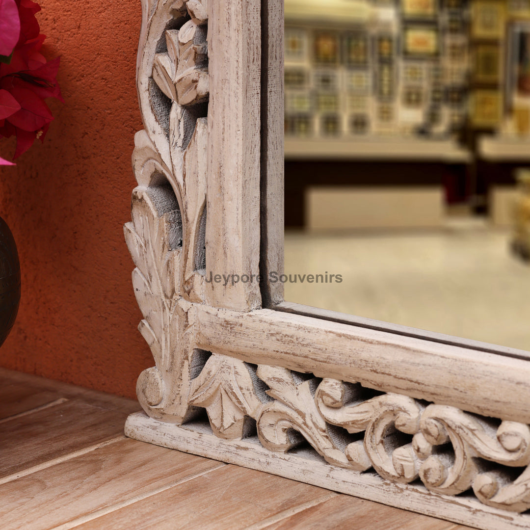 Hand-Carved Vintage Wooden Wall Mirror with Distressed White Finish